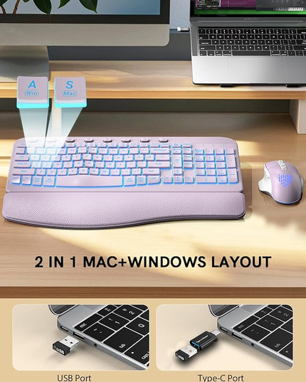 SABLUTE Ergonomic Wireless Keyboard and Mouse Combo - Wave Keyboard with Soft Leather Wrist Rest, Resistant Keys, RGB Backlit Rechargeable Set for PC/Mac/Chromebook (Lavender Purple)