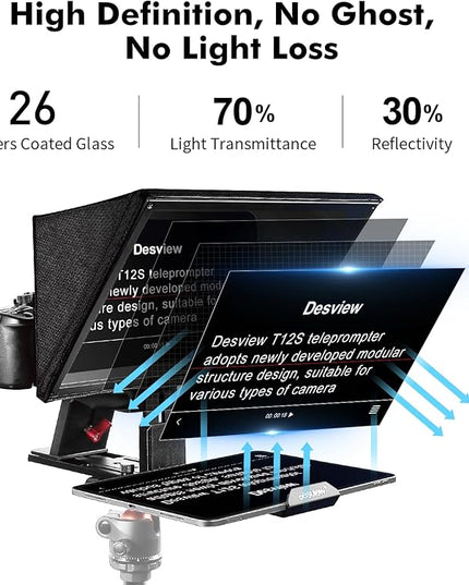 Desview T12S Teleprompter 12.9 inch Metal Teleprompter High Display Glass Compatible with Smartphone Tablet ipad Camera Easy Assembly Carry Case Included Great Partner for Video Making