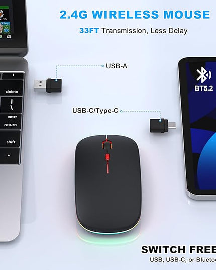 Bluetooth Wireless Mouse for MacBook Air Mac Pro iPad ,LED Rechargeable Silent Mouse with 2.4GHz USB-A/USB-C Receiver & Mouse Jiggler, Compatible with Laptop MacBook IPad Mac Tablet PC- Matte Black