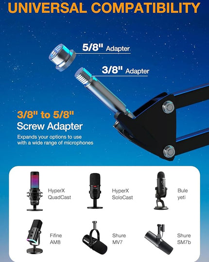QuadCast Boom Arm, Mic Arm for Blue Yeti HyperX QuadCast SoloCast Fifine AM8 and Most Microphone, Mic Stand Desk with 3/8" to 5/8" Adapter by SUNMON