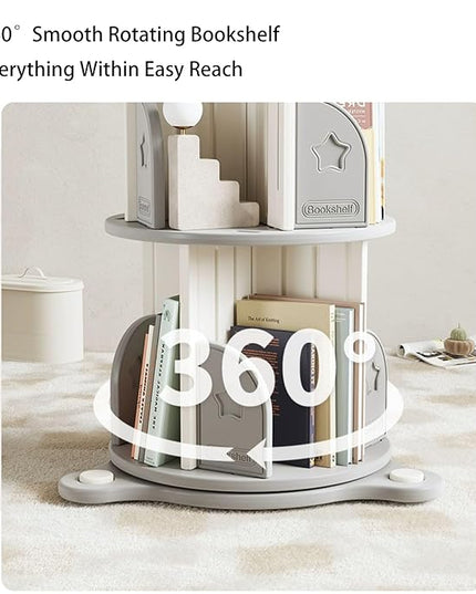 3-Tier Rotating Bookshelf, 360° Spinning Corner Bookcase with Display Stand - HDPE Plastic Book Storage Organizer for Bedroom, Home Office, Classroom, Living Room