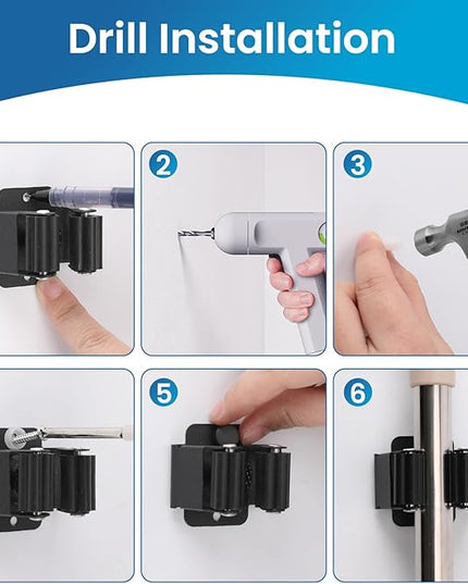 Broom Holder Wall Mount, 7PCS Broom Hanger Wall Mount, Stainless Steel Heavy Duty Mop Holder Broom Mop Hanger Wall with Screws, Garden Outdoor Tool Organizer Rack Broom Hanger (Black)