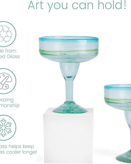 Mexican Glassware, Aqua Rims 16oz Margarita Glasses, Set of 2 Unique Hand Blown Glass, Handcrafted by Talented Artisans Thick & Sturdy Easy to hold