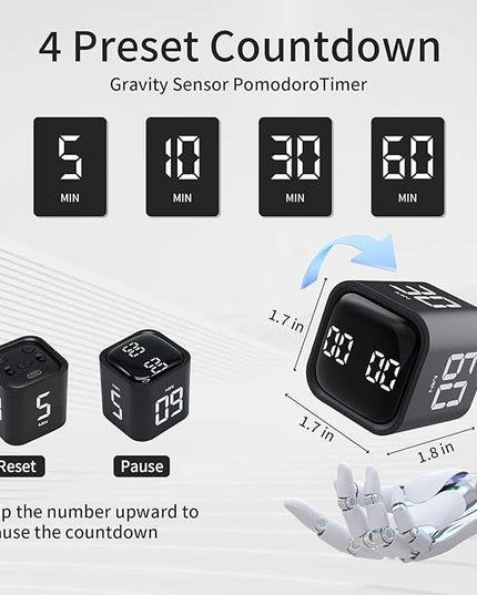 Productivity Timer Flip Gravity Sensor Cube Timer Countdown & Countup,Mute & Vibrate & Sound，5/10/30/60min & Custom Timing, Perfect for ADHD,Work,Learning,Kitchen Cooking (2 Black)