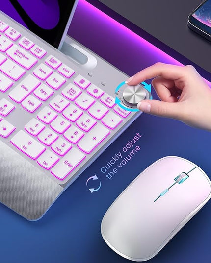 JOYACCESS Ergonomic Wireless Keyboard with Phone Holder,Rechargeable Backlt Wireless Keyboard Mouse Combo with Light Up Keys for for Laptop, PC, Mac, Windows-Silver White