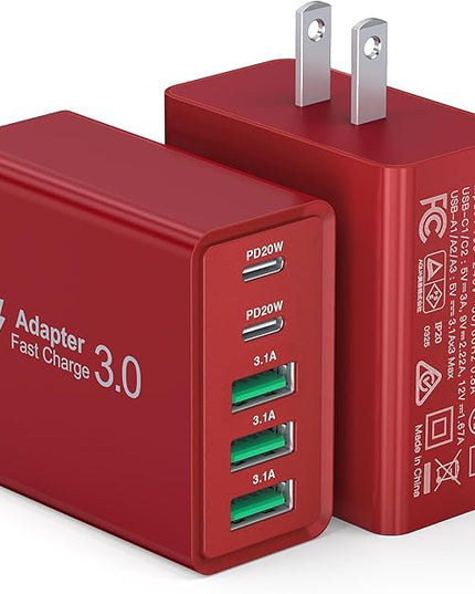 USB C Wall Charger Block, 2Pack 60W USB C Charger 5-Port PD Fast Charging Blocks,QC 3.0 USB A Multiport Plug,Type C Power Adapter Brick Cube for iPhone 17/16/15/14/13/Pro,Samsung,for Switch/Pixel（Red）