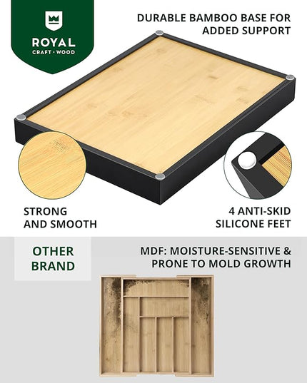ROYAL CRAFT WOOD Luxury Bamboo Kitchen Drawer Organizer - Silverware Organizer - Utensil Holder and Cutlery Tray with Grooved Drawer Dividers for Flatware and Kitchen Utensils (7 Slot)