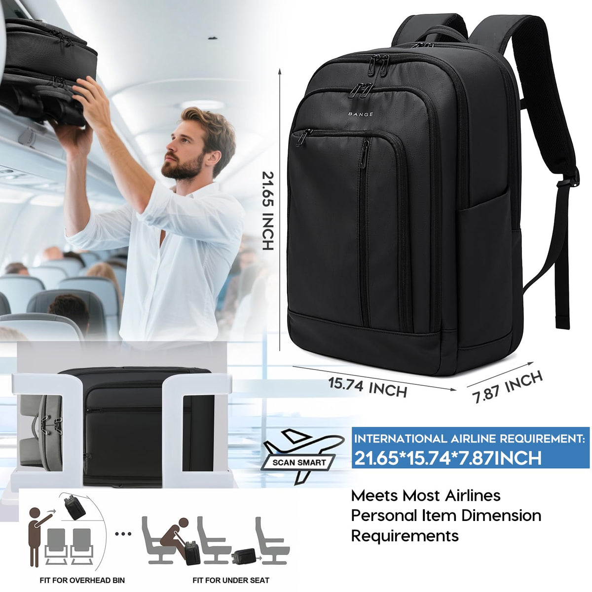 BANGE 28L Lightweight Backpack, 15.6-inch Laptop Travel Backpacks, Unisex Multifunctional Storage Pockets Business Commuter rucksack, Waterproof and Wear-resistant Outdoor Sports Leisure daypack