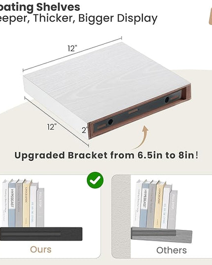Heimlove 12 Inch Deep Floating Shelves, 12 x 12 inches Long Wall Shelf, Large Extra Display Shelf & Storage Shelf, Rustic Wood Wall Shelves for Fireplace Mantel, White - 2Pack