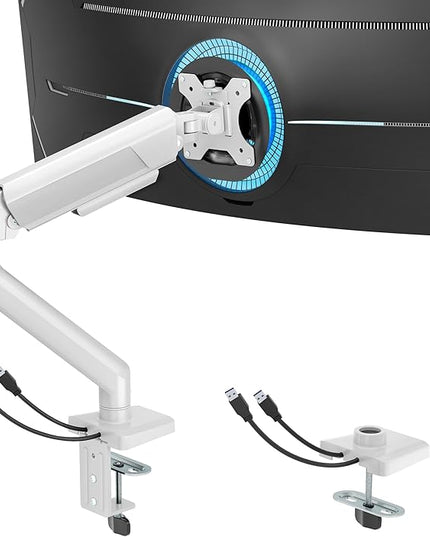 ARES WING Heavy Duty Single Monitor Arm - Fully Adjustable Monitor Mount for 17"-40" Ultrawide Screens Up to 26.4 lbs with Clamp/Grommet Desk Mount and USB A/C, 75/100 Vesa Mount, White