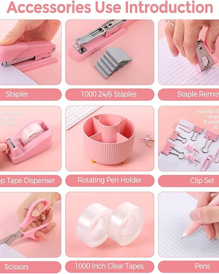 SKYDUE Pink Office Supplies Set, Pencil Holder for Desk,Gel Pen, Stapler, Tape Dispenser, Scissors,Clips and 1000pcs Staples, Office Decor for Women, Pink Desk Accessories