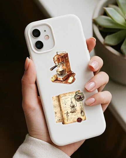 50Pcs Vintage Coffee Stickers for Scrapbooking, Journal, Photo Album, Kindle, Laptop, Refrigerators, Suitcase, Waterproof PET Transparent Aesthetic Decals