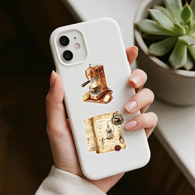 50Pcs Vintage Coffee Stickers for Scrapbooking, Journal, Photo Album, Kindle, Laptop, Refrigerators, Suitcase, Waterproof PET Transparent Aesthetic Decals