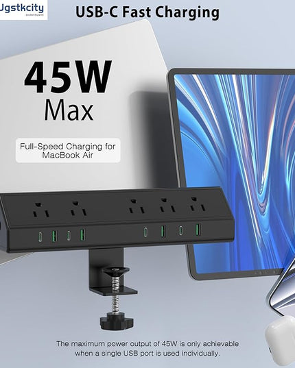 45W Fast Charging Station,Desk Clamp Power Strip,4 PD USB-C Ports,5 AC Outlets,Surge Protector Power Strip, 14AWG Heavy Duty Cord, Fits 1.9" Tabletop Edge (Black, 10 FT Cable)