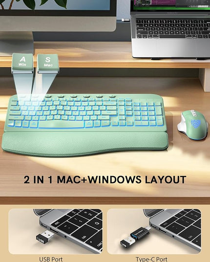 SABLUTE Ergonomic Wireless Keyboard and Mouse Combo - Wave Keyboard with Soft Leather Wrist Rest, Resistant Keys, RGB Backlit Rechargeable Set for PC/Mac/Chromebook (Green)