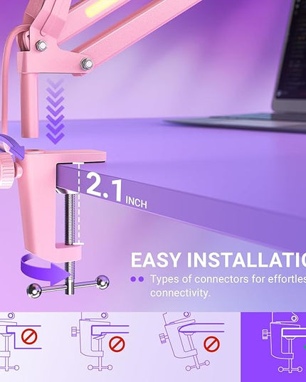 FIFINE Microphone Boom Arm, Metal Adjustable Mic Arm Stand with RGB Button, 3/8” to 5/8” Screw Adapter, Desk Mount Clamp, Suspension Scissor Mic Stand for Gaming Streaming Podcast-AmpliGame BM38P