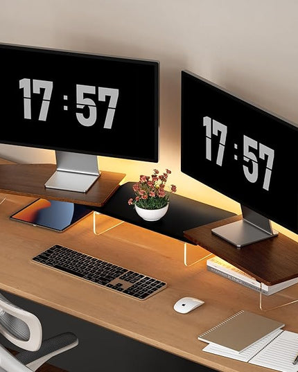 LED Dual Monitor Stand Riser for 2 Monitors,Office Desktop Wooden Stand Adjustable Length and Angle 3 Shelf,Extra Long Multifunctional Stand up to 44.4" for Computer,Laptop,TV,Walnut Finish