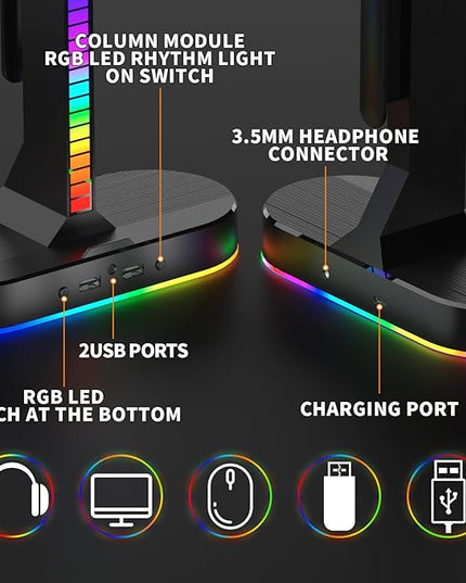 RGB Headphone Stand - Dual Gaming Headset Holder with 3 USB Charging Station and 3.5mm Audio Port,8 Light Modes, Suitable for Gaming, Wireless Earphone Display, Gamer Gifts for Men (Black)