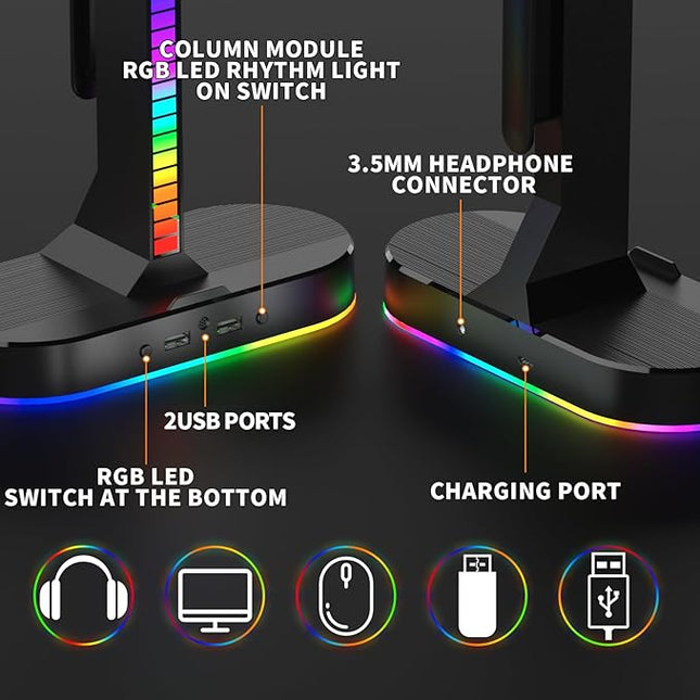 RGB Headphone Stand - Dual Gaming Headset Holder with 3 USB Charging Station and 3.5mm Audio Port,8 Light Modes, Suitable for Gaming, Wireless Earphone Display, Gamer Gifts for Men (Black)