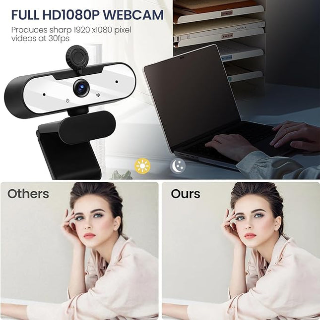 USB HD 1080P Video Webcam and Wide Angle Camera with Built-in Microphone and Rotatable Tripod,for Laptop Computer or Desktop PC,Great for Live Streaming.Calls.Video Conferencing -1 (White)