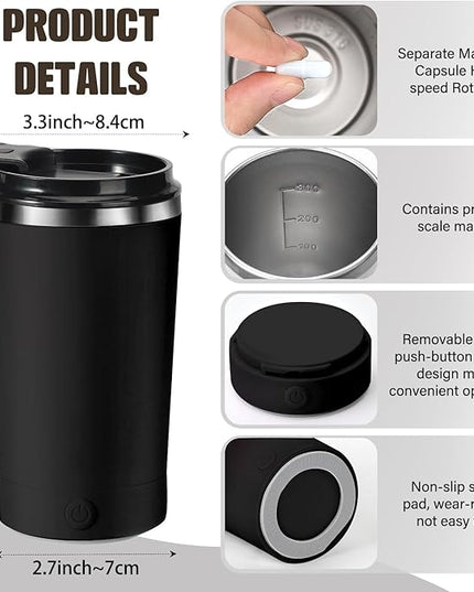 hatisan Self Stirring Coffee Mug With Lid Electric High Speed Self Stirring Mug 400ml Rechargeable Detachable Stainless Steel Self Stirring Cup for Coffee, Milk, Cocoa Christmas Gift(Black)