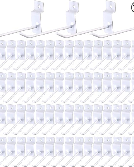 Moxweyeni 100 Pack Slatwall Hooks Slatwall Accessories Slat Wall Hanging Pegboard Hangers Slat Board Display Hooks for Retail Garage Organization Gridwall, White(4 Inch)