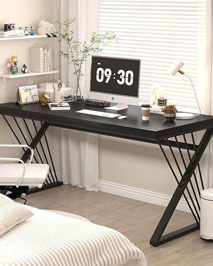 FOLUBAN Black Desk, Modern Wood and Metal Computer Desk for Home Office, Simple Writing Work PC Desks for Bedroom, Industrial Study Gaming Table for Living Room, Black, 53 Inch