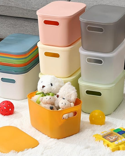 Thyle 12 Pack 7 Quarts Plastic Storage Bins for Christmas Storage with Lids Handles Colorful Stackable Desktop Box Bins with Label for Shelf Drawer,10 x 7 x 6 Inch (Classic Color)