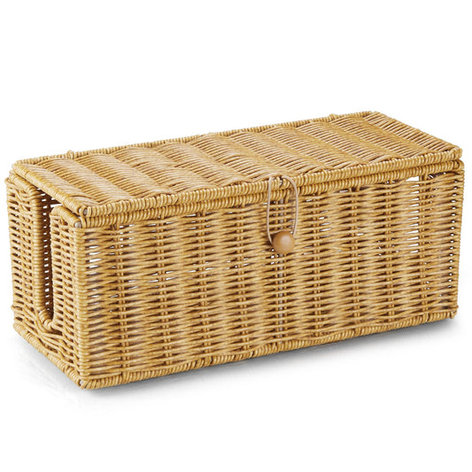 Cable Management Box, Handwoven Synthetic Rattan Cable Organizer, 2 Side Open Slots Cords Hider Box, Under Desk Cord Organizer for USB Wire, TV PC Charger & Power Strip, Natural