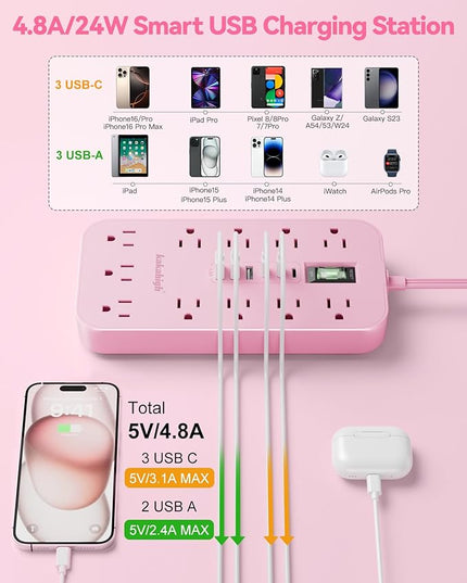 Pink Extension Cord with Multiple Outlets- 5 FT Kawaii Power Strip, Cute Extension Cord with 11 AC Outlet 6 USB (24W/4.8A), Charging Station for Cute Pink Kawaii Desk Home Room Decor Essentials Gifts