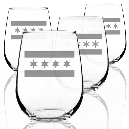 Chicago Flag Stemless Wine Glass for Chitown Gifts - 17 oz - Set of 4