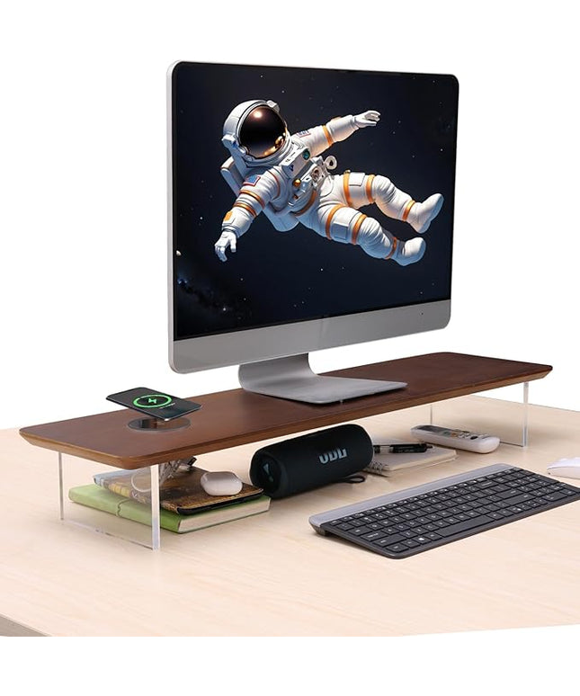 SUIBIAN Elegant Wood & Acrylic Monitor Stand with 15W Wireless Charging – 31.5" Large Desk Riser for Ergonomic View, Desktop Organizer, Laptop & PC | Modern Floating Design(Walnut Wood)