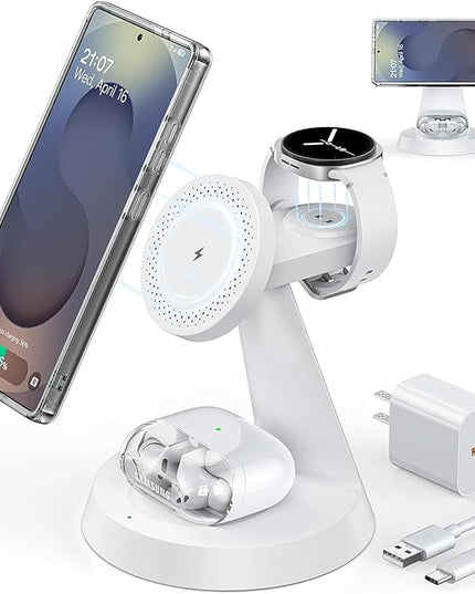 Magnetic Wireless Charger for Samsung, 3 in 1 Charging Station Compatible with MagSafe Charger for Samsung Galaxy S25 Ultra Z Fold7/Flip7, Watch Charger Stand for Galaxy Watch Ultra 8, for buds, White