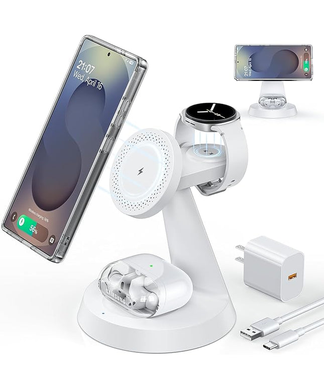 Magnetic Wireless Charger for Samsung, 3 in 1 Charging Station Compatible with MagSafe Charger for Samsung Galaxy S25 Ultra Z Fold7/Flip7, Watch Charger Stand for Galaxy Watch Ultra 8, for buds, White