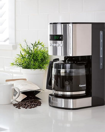 Kenmore Drip Coffee Maker - Programmable Cafe Machine With Glass Pot, Regular & Bold Brew, Auto Shut Off Large Water Reservoir, Reusable Filter, Kitchen Appliances For Cafeteria Barista, 12 Cup Black