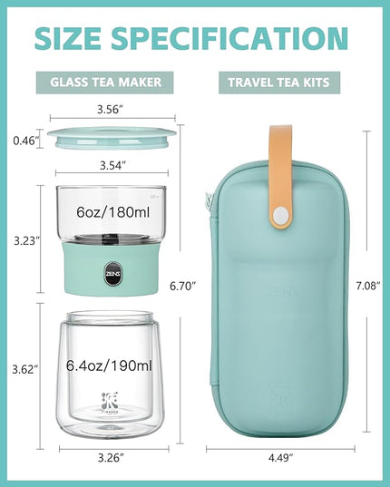 ZENS Modern Glass infuser Teapot, Small One Touch Tea Maker for Loose Tea Diffusers with 200ml Insulated Cup and Blue Portable Carry Case, Magic Gongfu Tea Pot for Tea Lovers Gifts