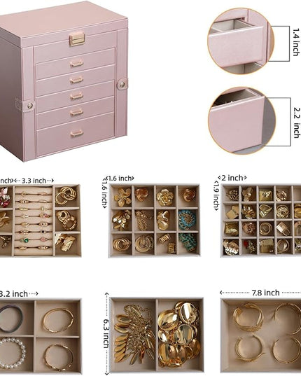 BOOVO Jewelry Box For women, 6 Layer Large Jewelry Organizer With Mirror, Multi-Function Storage Box With Lock, Necklace Holder With 5 Drawers, For Earrings Necklace Bracelet (Rose Gold and Gold)