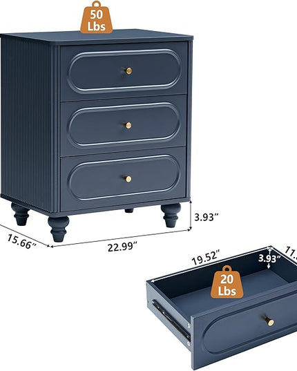 3 Drawer Fluted Dresser for Bedroom Set of 2, Mid Century Modern Chest of Drawers, Wood Storage Small Dresser Organizer for Bedroom Living Room Hallway Closet, Blue