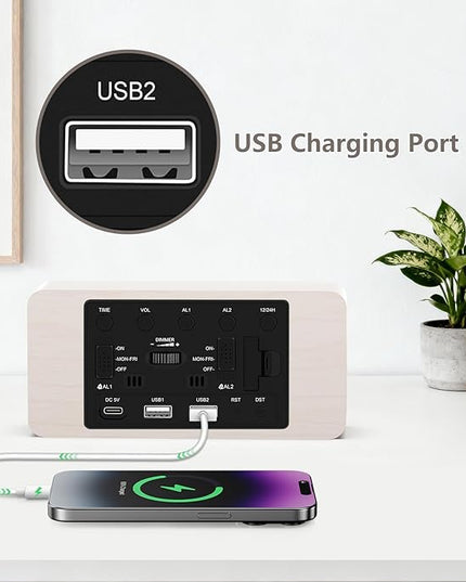 Fomobest Wooden Digital Alarm Clock for Bedroom - Desk Clock with Date, Day of Week, Temperature, Dual Alarms, Dimmer, USB Port Charge, DST, Adjustable Volume for Living Room/Office Wood Decor (White)