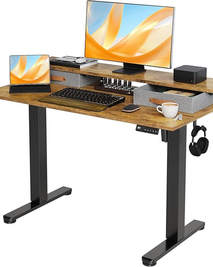 Claiks Electric Standing Desk with 2 Drawers, Adjustable Standing Desks with Storage, Height Adjustable Stand up Desk for Home Office with 2 Hooks,48 Inch Ruist Brown
