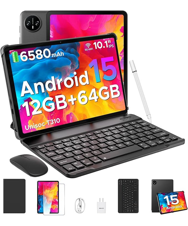 DOOGEE Tab A9 Android Tablet,10 inch Tablet,12GB+64GB/2TB TF,6580mAh Gaming Tablets,2.0GHz Quad Core,1280x800 IPS HD,Dual Speakers,5G WiFi,BT5.0,Face Unlock,Android 15 Tablet with Keyboard,Pen&Mouse