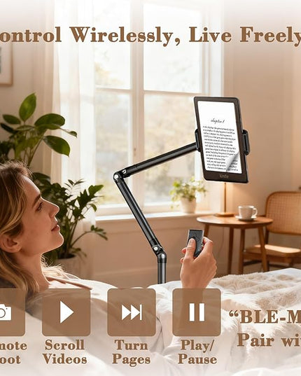 iBooMas iPad Stand,Tablet Floor Stand with Wireless Remote, Full-Angle Adjustable Overhead Phone Mount for Bed, 66" Tall Metal Stand with Heavy Base for iPad iPhone Kindle 4.7-12.9 Inch