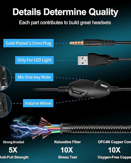 A36 Gaming Headset with Microphone for Pc, Xbox One Series X/s, Ps4, Ps5, Switch, Stereo Wired Noise Cancelling Over-Ear Headphones with Mic for Computer, Laptop, Mac, Nintendo, Gamer (Blue)