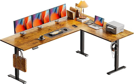 Casaottima 71 Inch Reversible Electric L Shaped Standing Desk, Height Adjustable Corner Stand up Desk, Ergonomic Large Lift Table for Home, Office, Workstation, Reception Room, Rustic Brown