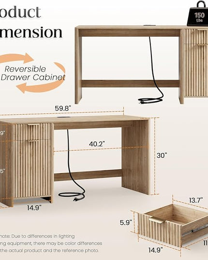 60" Fluted Home Office Desks with Storage, Modern Executive Desk Computer Desk with Drawer & Cabinet, Wood Work Desk for Office, Bedroom, Study, Living Room, Oak