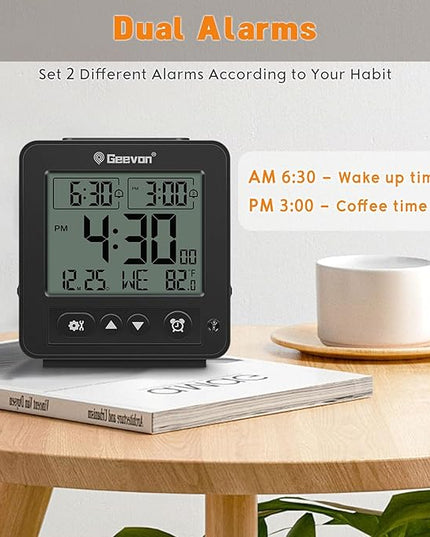 Geevon Smart Night Light Small Digital Alarm Clock with 2 Increasing Beep Alarm, Indoor Temperature, Battery Operated Travel Clock for Bedroom, Bedside, Desk(Black)