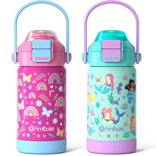 Fimibuke 14oz Kids Insulated Water Bottle with 2-in-1 Straw & Spout Lid