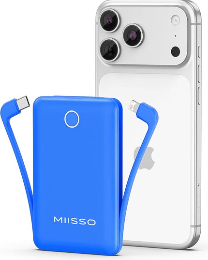 miisso 10000mAh Mini Portable Charger with Built in Cable, Pocket Size Power Bank Travel External Battery Pack for Phone, 3 Output USB Type C Cord Clutch Compatible with iPhone, Samsung, Deepblue