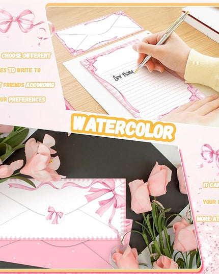 TaoBary 160 Pcs Stationery Paper Set 50 Double Sided Stationery Papers with 50 Matching Envelopes and 60 Round Dot Sticker, 10 Design(Pink Bow,8.5 x 11 Inch)