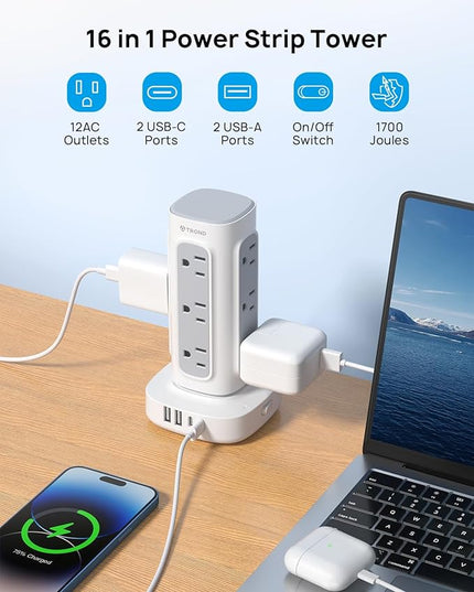 TROND Surge Protector Power Strip Tower - 10ft Flat Plug Extension Cord with Multiple Outlets, 4 USB Ports, Vertical Charging Station, 1700 J, Home Office Desk Supplies, Dorm Room Essentials, White
